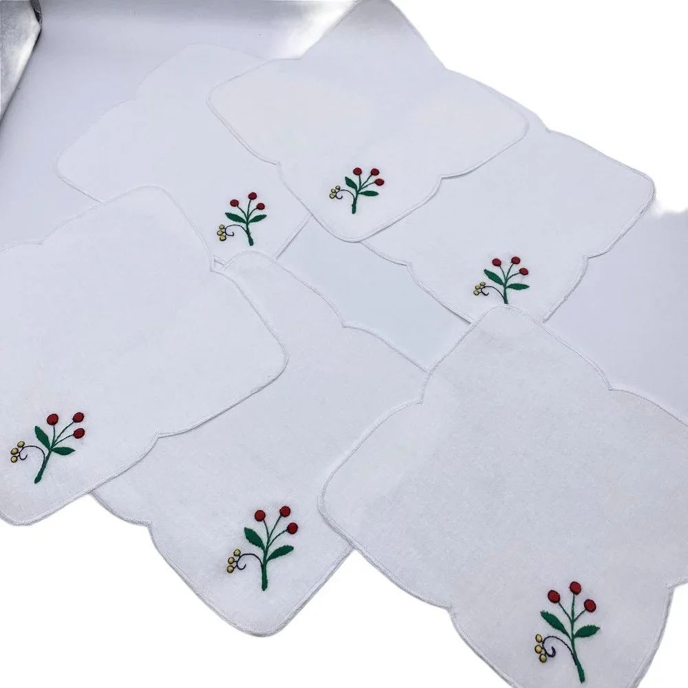 Square hand embroidered floral doilies scalloped linen napkins table placement